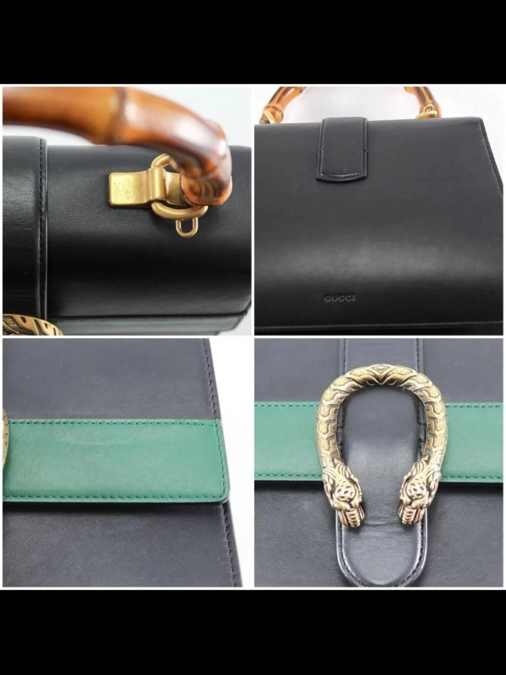 Gucci Black Leather Satchel with Green & Red Web and Bamboo Handle